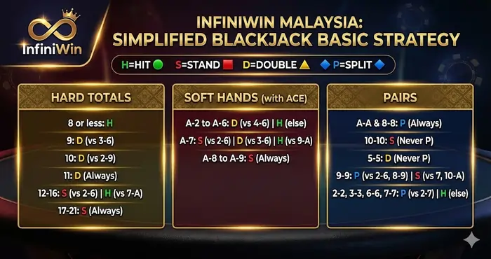 Simplified 3-column blackjack basic strategy chart