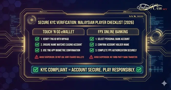 Infographic checklist for Malaysian players showing secure KYC verification steps for Touch n Go and FPX banking to avoid online casino account suspension