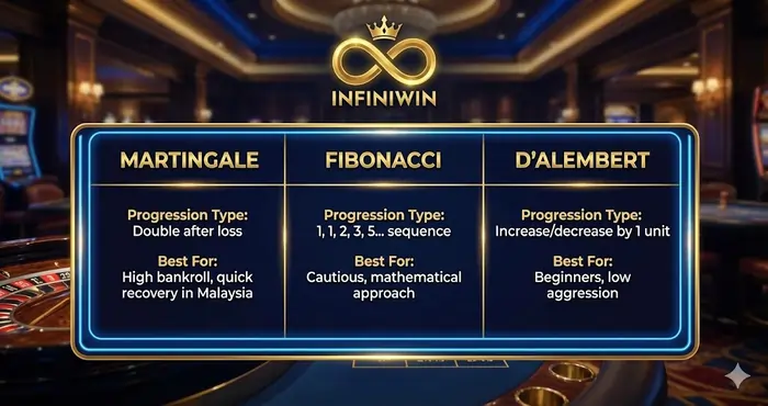 showing Martingale, Fibonacci, and D'Alembert roulette betting systems for Malaysian players.