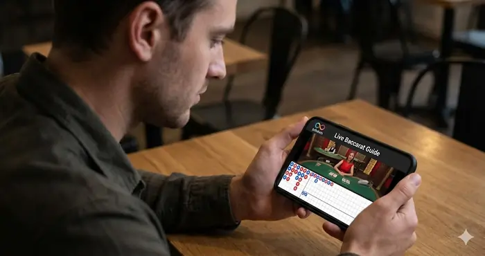 Real-time mobile interface for a Live Baccarat Guide session showing HD dealer streaming and digital roadmap pattern