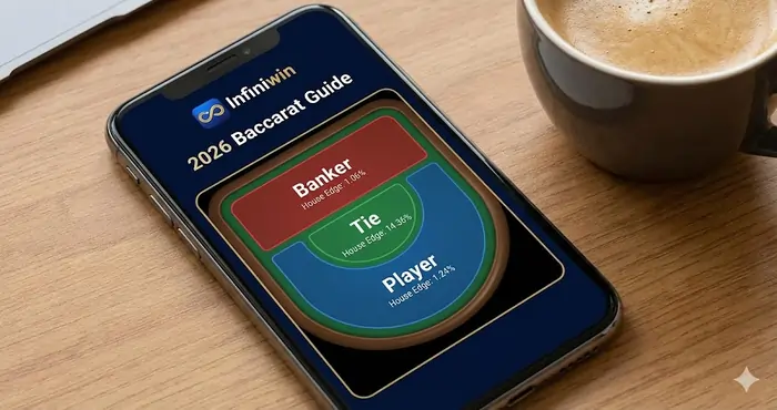 A detailed 2026 Baccarat Guide infographic showing the Banker, Player, and Tie betting areas with associated house edge percentages.