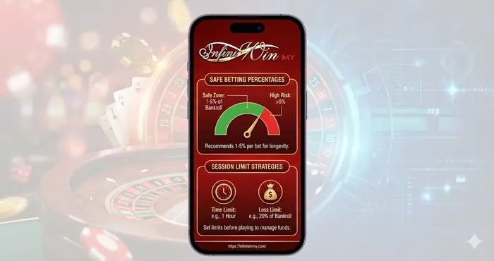 A detailed bankroll management online casino infographic showing safe betting percentages and session limit strategies