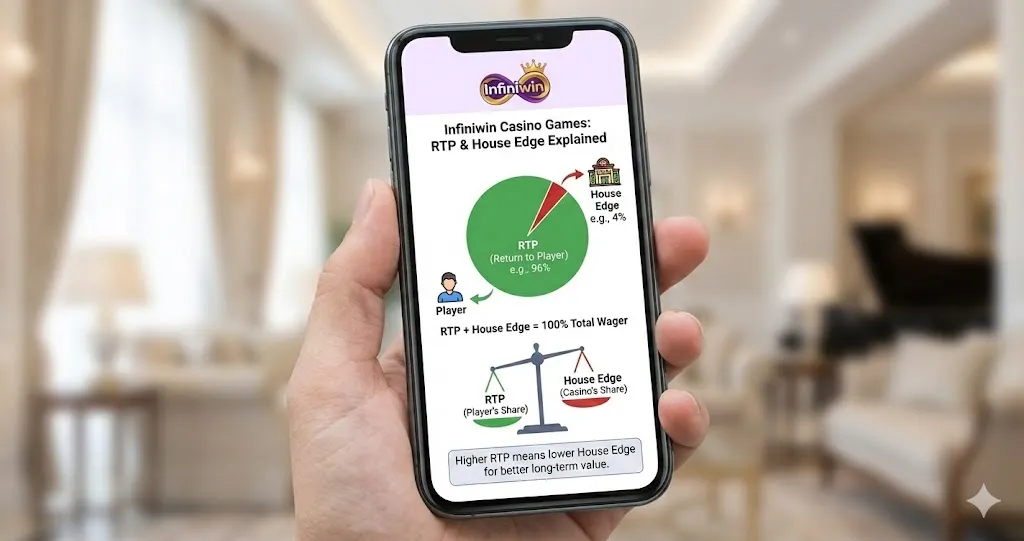 Diagram explaining the relationship between Return to Player (RTP) and House Edge in Infiniwin casino games.