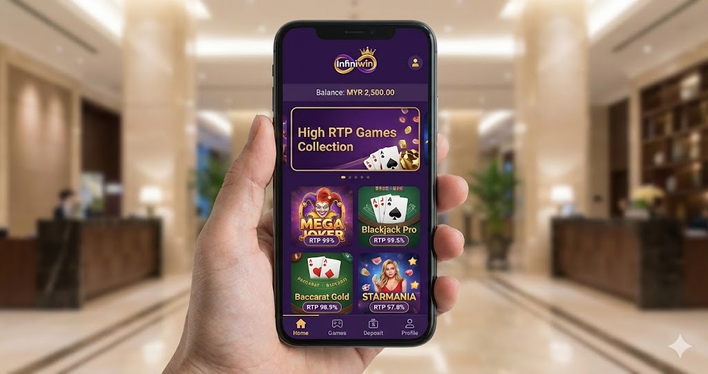 Smartphone screen displaying the mobile-optimized interface of Infiniwin high RTP games with MYR balance