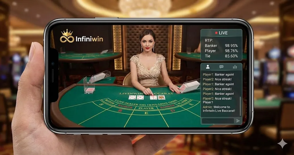 High-definition live dealer baccarat table at Infiniwin showing real-time RTP statistics and player chat