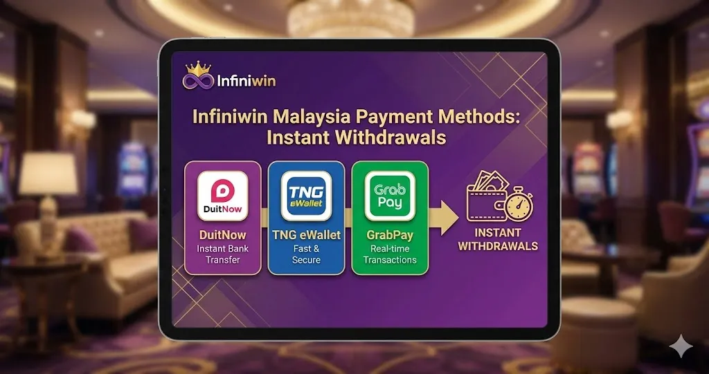 Visual guide of Infiniwin Malaysia payment methods including DuitNow, TNG eWallet, and GrabPay for instant withdrawals.