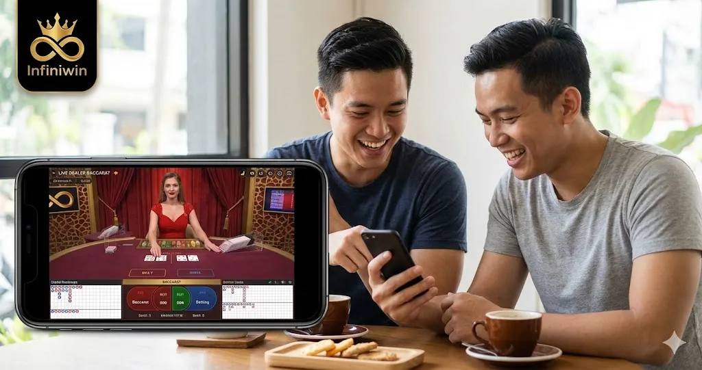 Professional Infiniwin live casino dealer at an Baccarat table with real-time digital roadmap.