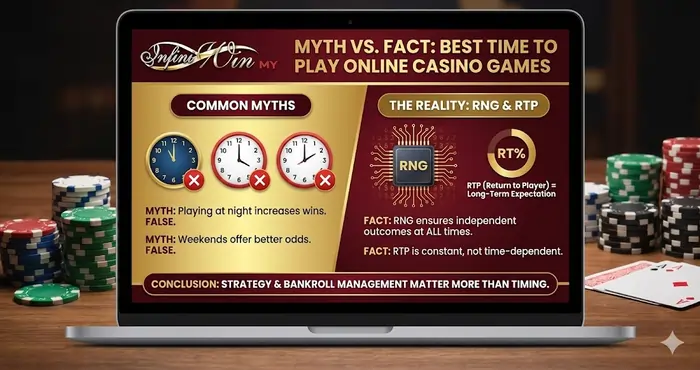 A detailed infographic debunking myths about the best time to play online casino games by explaining RNG and RTP mechanics