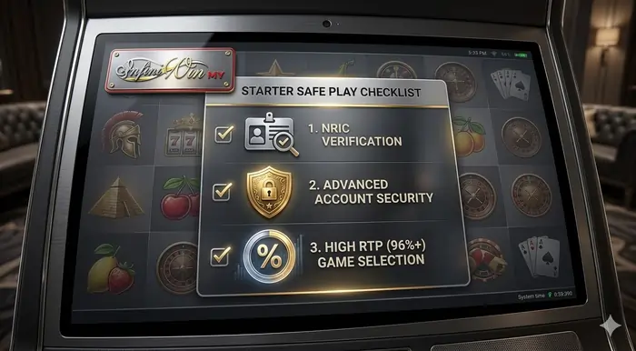 Infographic for 10 Beginner Tips to Start Playing on Infiniwin Malaysia Safely highlighting account verification and secure payment icons.