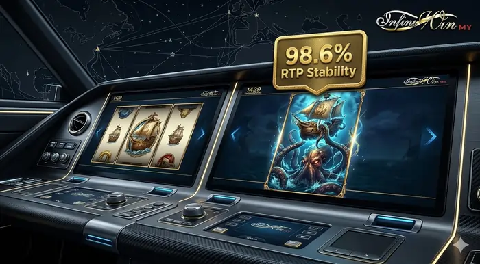 Infographic for 1429 Uncharted Seas slot guide Malaysia showing the expanding wild Kraken mechanic and 98.6% RTP for stable 2026 gameplay.