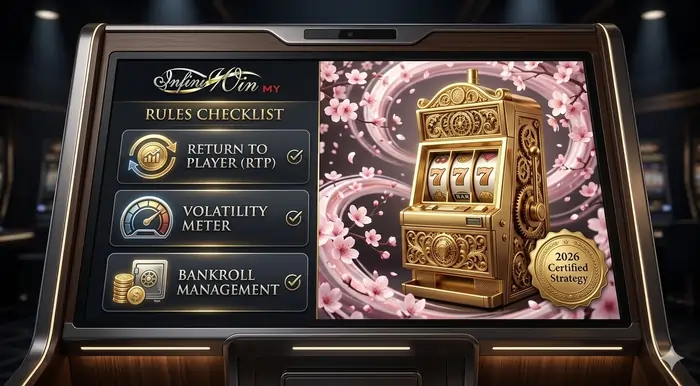 Infographic of 7 Must-Know Rules Before Playing Online Slots Malaysia showing RTP and bankroll management tips for 2026.