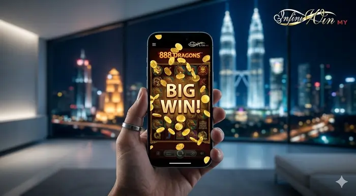 Mobile gameplay POV of 888 Dragons slot guide Malaysia on the Infiniwin platform illustrating the high-speed 3-reel classic gameplay.