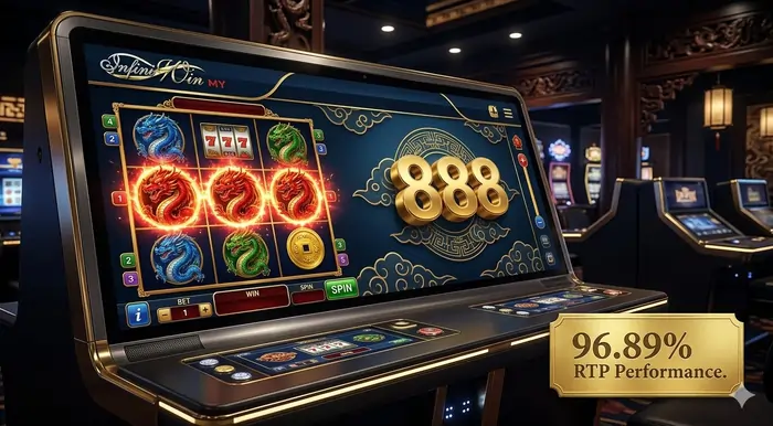 Infographic for 888 Dragons slot guide Malaysia showing the 3-reel grid and the 100x multiplier payout for three Red Dragons.