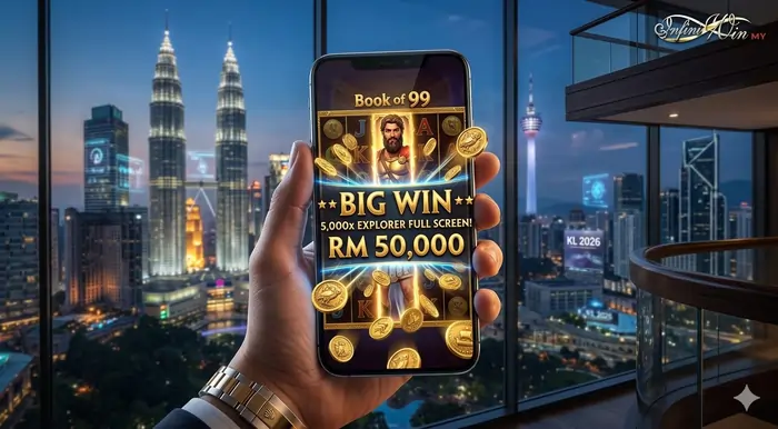 Mobile gameplay interface of Book of 99 Relax Gaming slot guide Malaysia showing a 5,000x max win with expanding explorer symbols on Infiniwin.