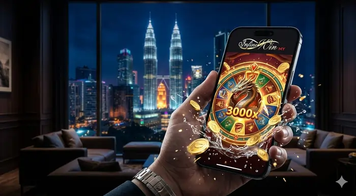 Mobile gameplay POV of Dragon Legend slot guide Malaysia on the Infiniwin platform showing a massive win on the Dragon's Wheel bonus.