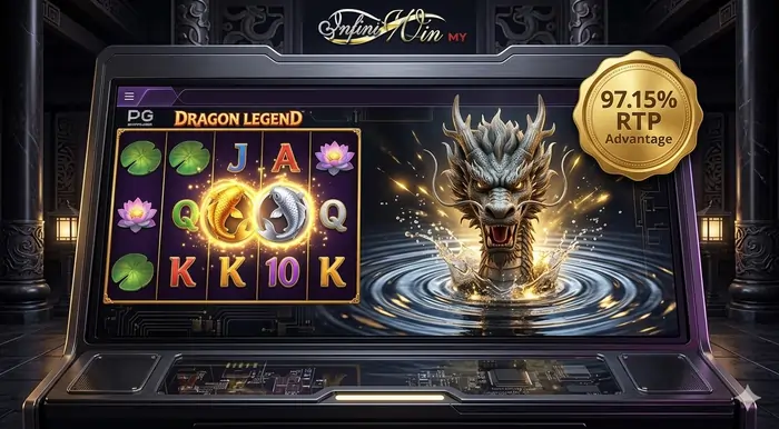 Infographic for Dragon Legend slot guide Malaysia illustrating the Koi Pair respin mechanic and the 97.15% RTP profile for 2026.