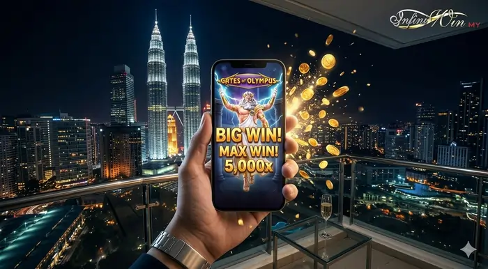 Mobile gameplay POV of Gates of Olympus slot guide Malaysia on the Infiniwin platform showing a massive 5,000x jackpot win with Zeus.