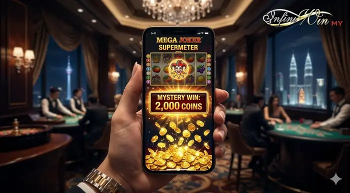 Mobile gameplay screenshot from Mega Joker NetEnt slot guide Malaysia showing a 2,000 coin Mystery Win triggered in Supermeter mode on Infiniwin.