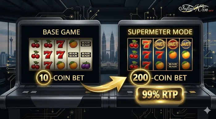 Infographic for Mega Joker NetEnt slot guide Malaysia comparing base game 89% RTP with Supermeter mode 99% RTP for 2026 gaming strategy.