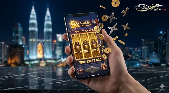 Mobile gameplay POV of Ninja vs Samurai PG Soft slot guide Malaysia on the Infiniwin platform showing a 15,000x jackpot win during the Battle Feature.
