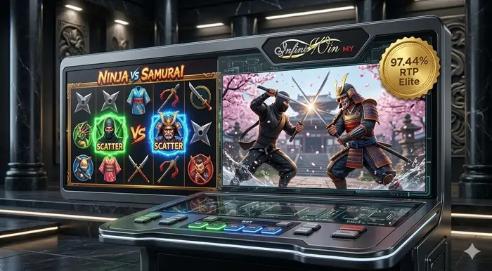 Infographic for Ninja vs Samurai PG Soft slot guide Malaysia illustrating the 243 ways-to-win system and the elite 97.44% RTP profile for 2026.