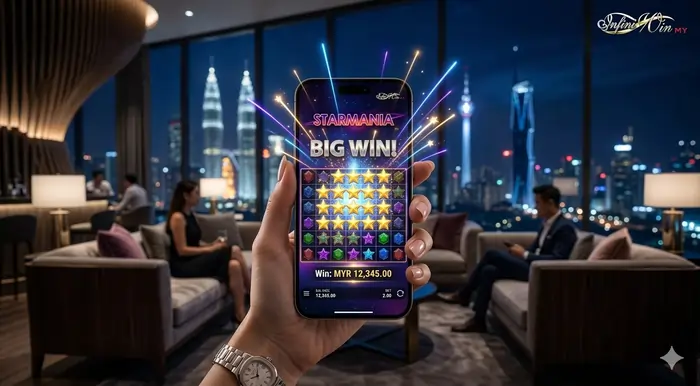 Mobile POV shot of Starmania slot guide Malaysia on the Infiniwin platform showing a massive cluster win with premium star symbols.