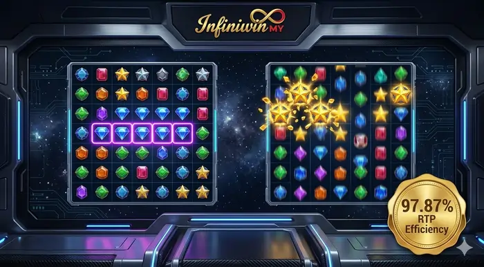 Infographic for Starmania slot guide Malaysia illustrating the 7x7 grid and the Avalanche cascading reels mechanic for 97.87% RTP gameplay.