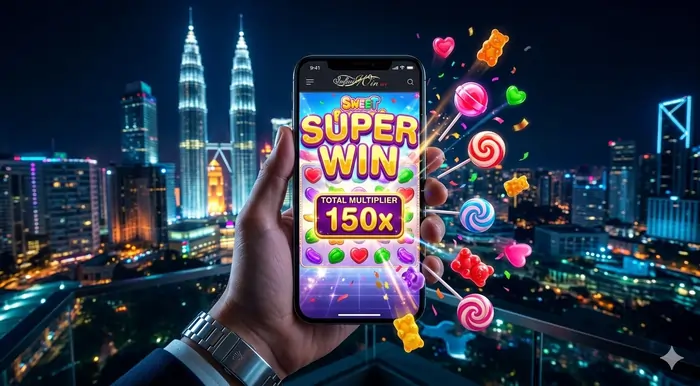 Mobile gameplay POV of Sweet Bonanza slot guide Malaysia on the Infiniwin platform showing a massive 2026 Super Win with high multipliers.