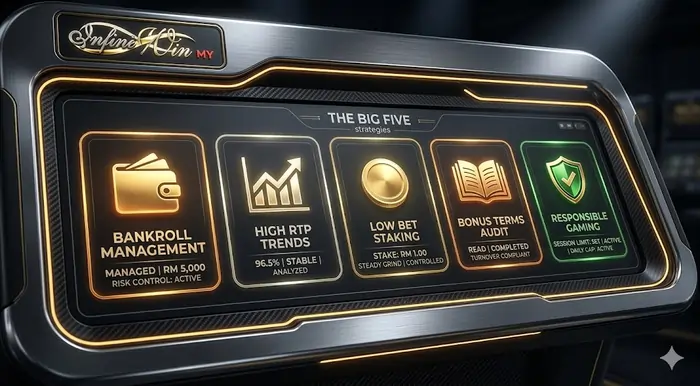 Infographic for Top 5 Simple Casino Strategies for First-Time Players illustrating bankroll management and high RTP game selection on Infiniwin.