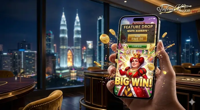 Mobile gameplay POV of White Rabbit Megaways slot guide Malaysia on the Infiniwin platform showing the Feature Drop bonus buy and a massive jackpot win.