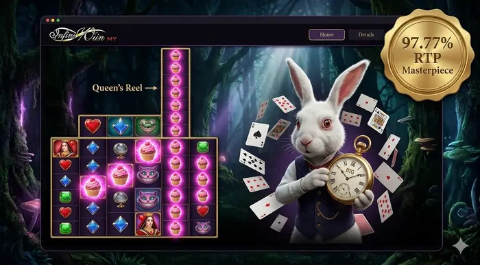 Infographic for White Rabbit Megaways slot guide Malaysia showing the extending reels mechanic, the Queen’s Reel status, and the 97.77% RTP advantage.