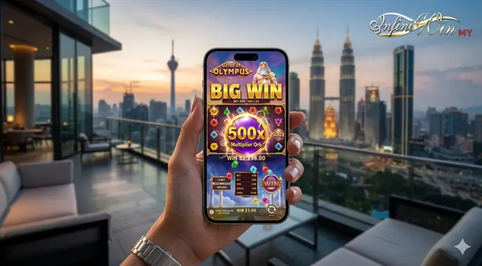 Professional mobile interface of Gates of Olympus on Infiniwin MY, demonstrating a high-multiplier win for the best high RTP slot games Infiniwin Malaysia in 2026.