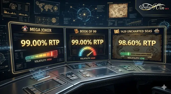 Infographic comparing the best high RTP slot games Infiniwin Malaysia, showing 99% RTP for Mega Joker and Book of 99 alongside volatility ratings for 2026 strategy.