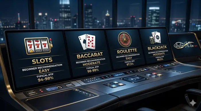 Infographic comparing top online casino games for beginners Malaysia, highlighting RTP percentages and difficulty levels for slots, baccarat, and blackjack.