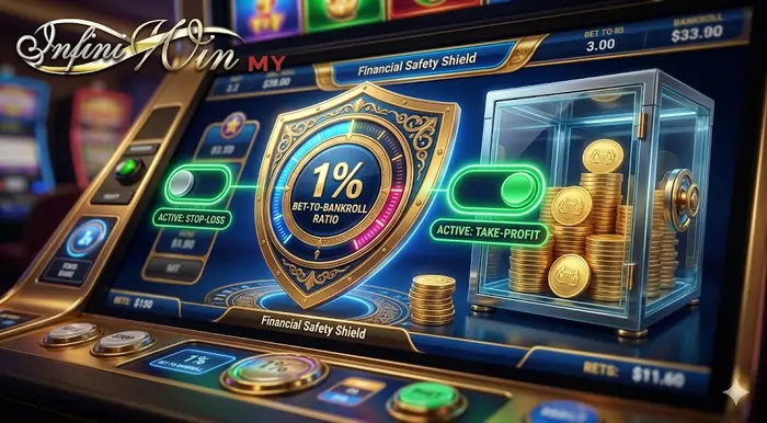 Vibrant 4K dashboard for bankroll management slot games showing a financial safety shield and 1 percent bet sizing strategy on Infiniwin.