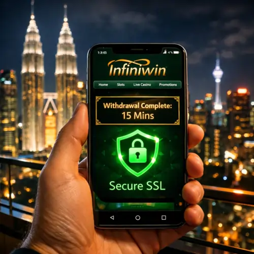 Realistic mobile POV shot showcasing the mobile-first features that make Infiniwin Malaysia stand out against the Kuala Lumpur skyline.
