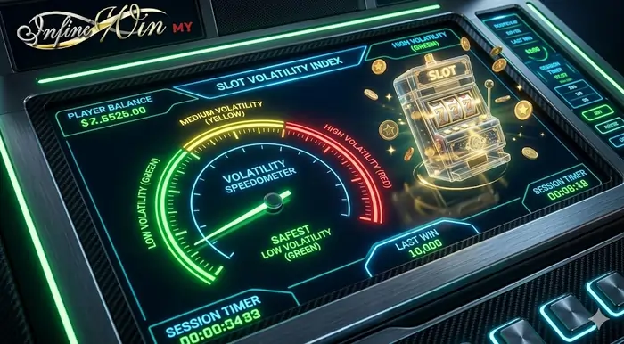 Vibrant 4K dashboard for slot volatility explained Malaysia showing a risk level speedometer and low volatility winning icons on Infiniwin.