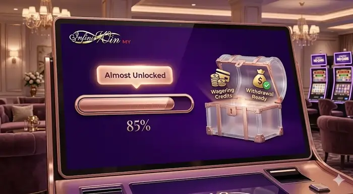 Vibrant 4K dashboard for slot bonuses Malaysia wagering requirements showing an 85 percent rollover progress bar on Infiniwin.