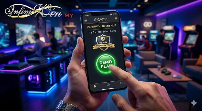 Vibrant mobile POV shot illustrating slot demo mode Malaysia with a free play interface and Kuala Lumpur city background.