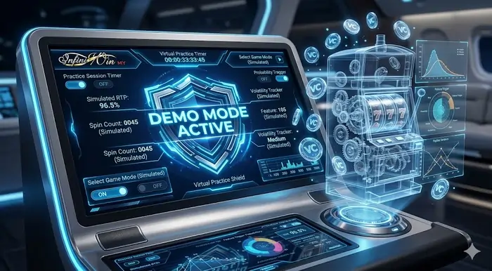 Vibrant 4K dashboard for slot demo mode Malaysia showing active demo mode status and virtual credits on Infiniwin.