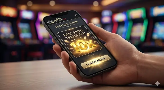 Vibrant mobile POV shot illustrating slot features explained for beginners with a free spins feature and multiplier icon on Infiniwin.