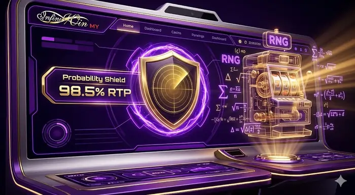 Vibrant 4K dashboard explaining what is RTP in slots Malaysia with a 98.5 percent payout probability shield on Infiniwin MY.