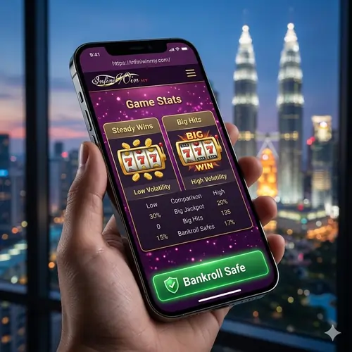 Vibrant mobile POV shot illustrating how to choose slots based on RTP and volatility for better bankroll management on Infiniwin.